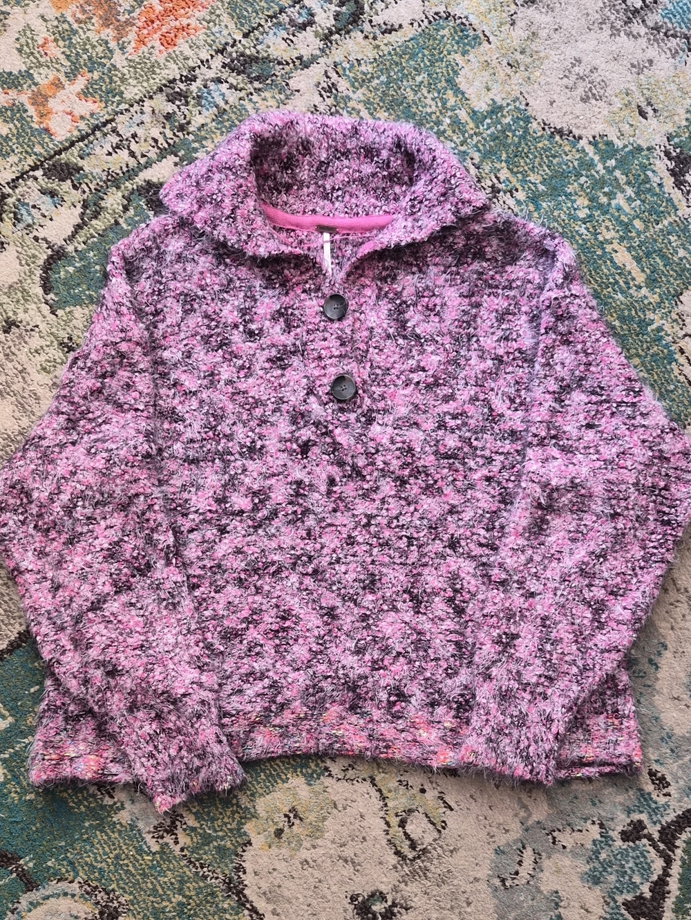 Free People Pink Marled Button-Front Cowl Sweater